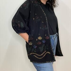 Vintage PLAY ALEGRE Wearable Art Hand Painted Black Floral Lagenlook Jacket OS